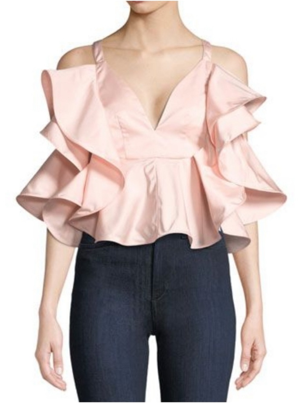 Rosie Assoulin Pink Cold-Shoulder Ruffle Peplum Top